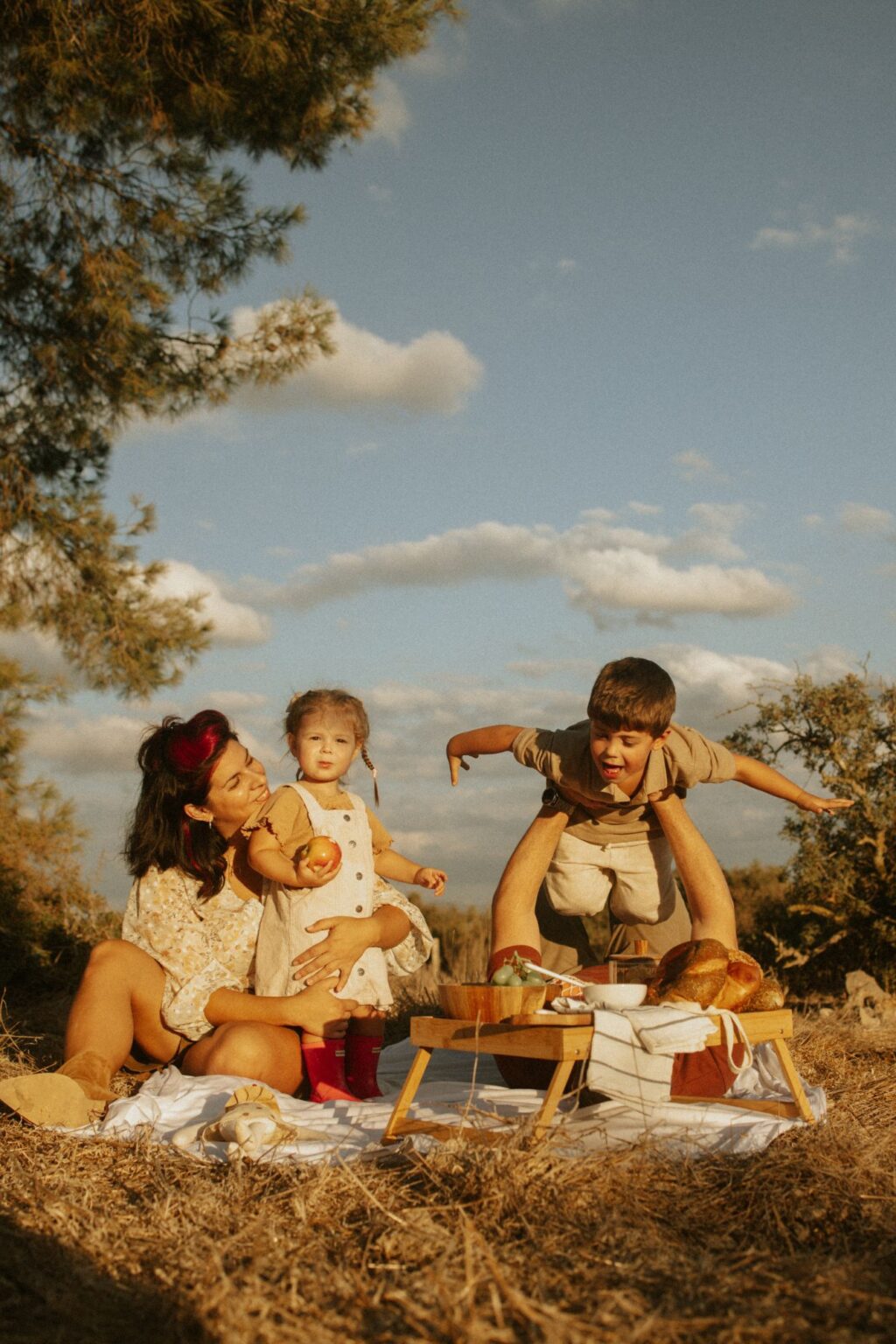משפחה בפיקניק בטבע, אמא מחזיקה פעוטה וילד עף בידיים של אבא